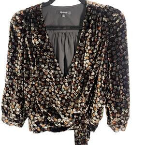 Madewell, Size XS, Black Floral Velvet Wrap Blouse, Cropped, Brown & Orange, 90s